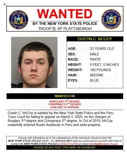 Wanted by NYS Police – Dustin C. McCoy | The Peru Gazette